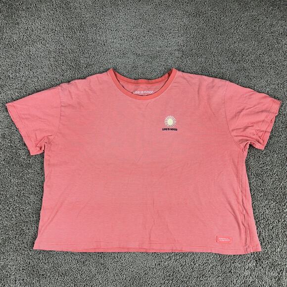 Life Is Good Shirt Womens Extra Large Pink Striped Cropped Sun Embroidered - Picture 1 of 9